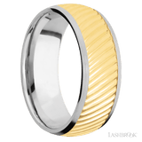 8 mm wide/Domed/14K White Gold band with one 6 mm Centered inlay of 14K Yellow Gold with a machined Ripple pattern