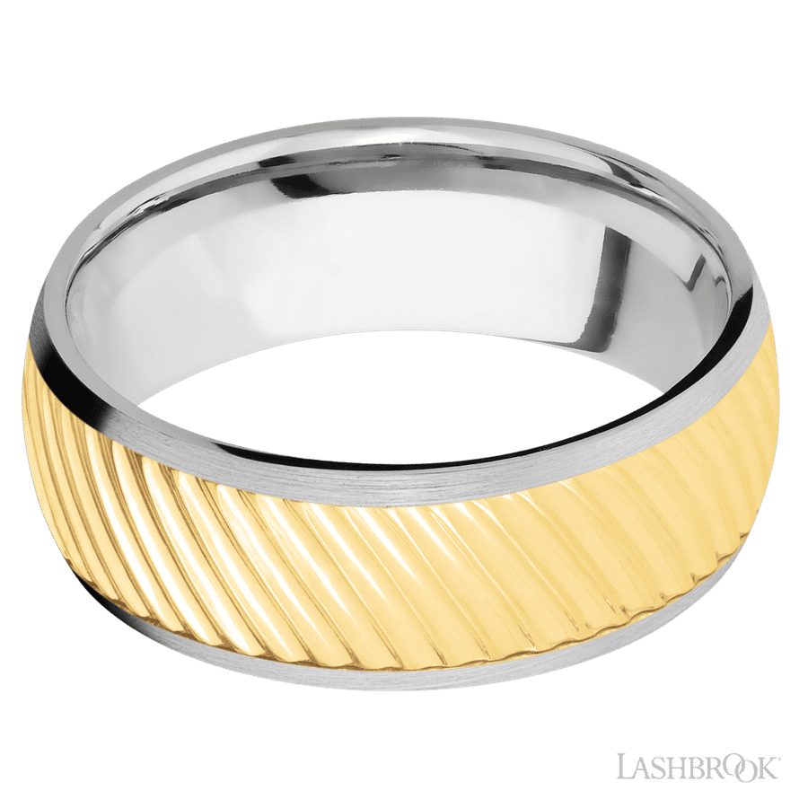 8 mm wide/Domed/14K White Gold band with one 6 mm Centered inlay of 14K Yellow Gold with a machined Ripple pattern