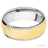 8 mm wide/Domed/14K White Gold band with one 6 mm Centered inlay of 14K Yellow Gold with a machined Ripple pattern
