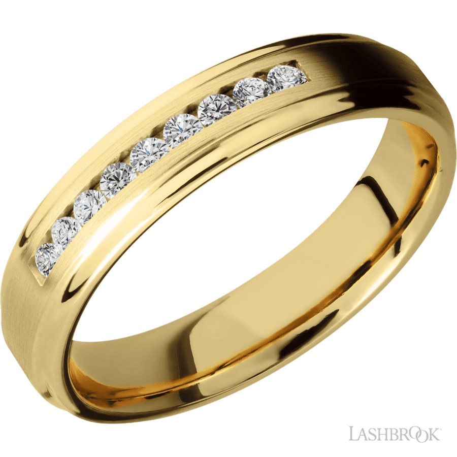 "5 mm wide/Flat Grooved Edges/14K Yellow Gold band with an  arrangement of 9, 03 carat Round Diamond stones in a Channel setting"