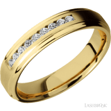 "5 mm wide/Flat Grooved Edges/14K Yellow Gold band with an  arrangement of 9, 03 carat Round Diamond stones in a Channel setting"