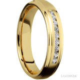 "5 mm wide/Flat Grooved Edges/14K Yellow Gold band with an  arrangement of 9, 03 carat Round Diamond stones in a Channel setting"
