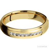 "5 mm wide/Flat Grooved Edges/14K Yellow Gold band with an  arrangement of 9, 03 carat Round Diamond stones in a Channel setting"