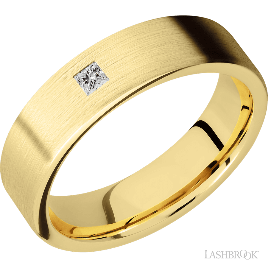 "6 mm wide/Flat/14K Yellow Gold band with an  arrangement of 1, 1 carat Princess Diamond stones in a Flush setting"
