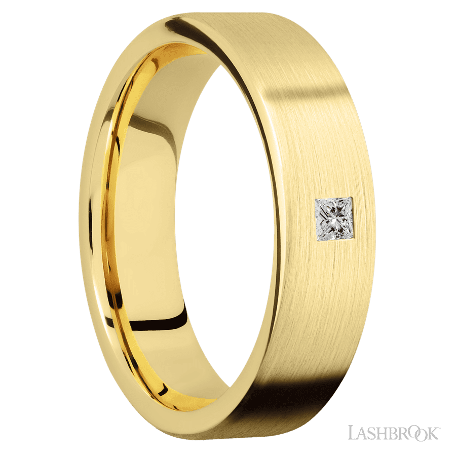 "6 mm wide/Flat/14K Yellow Gold band with an  arrangement of 1, 1 carat Princess Diamond stones in a Flush setting"