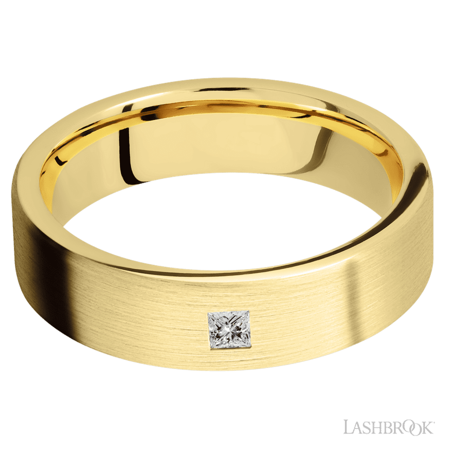 "6 mm wide/Flat/14K Yellow Gold band with an  arrangement of 1, 1 carat Princess Diamond stones in a Flush setting"