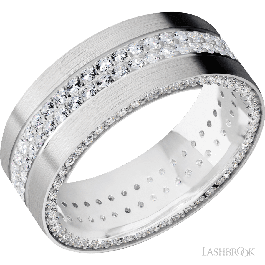 8 mm wide/Flat/14K White Gold band with a Side Eternity arrangement of 01 carat Round Diamond stones in a Bead Channel setting and featuring a a 2 Row Eternity arrangement of 015 carat Round Diamond stones in a Bead Channel setting