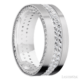 8 mm wide/Flat/14K White Gold band with a Side Eternity arrangement of 01 carat Round Diamond stones in a Bead Channel setting and featuring a a 2 Row Eternity arrangement of 015 carat Round Diamond stones in a Bead Channel setting
