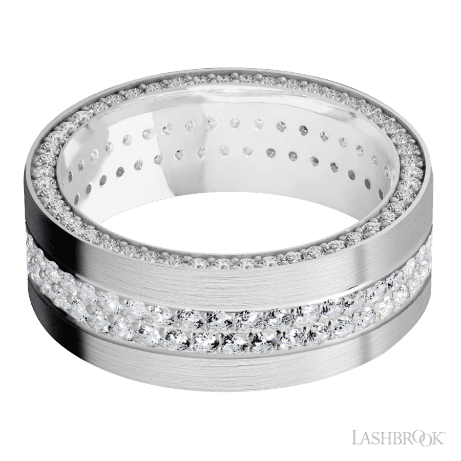 8 mm wide/Flat/14K White Gold band with a Side Eternity arrangement of 01 carat Round Diamond stones in a Bead Channel setting and featuring a a 2 Row Eternity arrangement of 015 carat Round Diamond stones in a Bead Channel setting