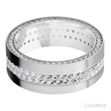 8 mm wide/Flat/14K White Gold band with a Side Eternity arrangement of 01 carat Round Diamond stones in a Bead Channel setting and featuring a a 2 Row Eternity arrangement of 015 carat Round Diamond stones in a Bead Channel setting