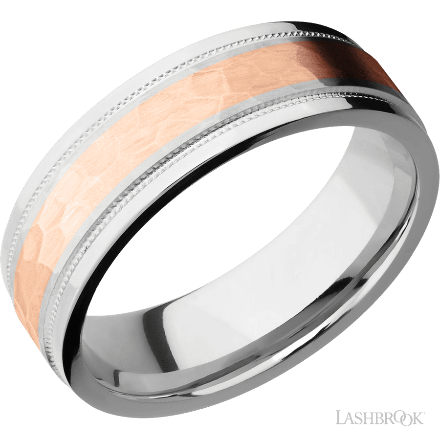 7 mm wide/Flat Stepped Edges Milgrain/Cobalt Chrome band with one 3 mm Centered inlay of 14K Rose Gold