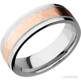 7 mm wide/Flat Stepped Edges Milgrain/Cobalt Chrome band with one 3 mm Centered inlay of 14K Rose Gold