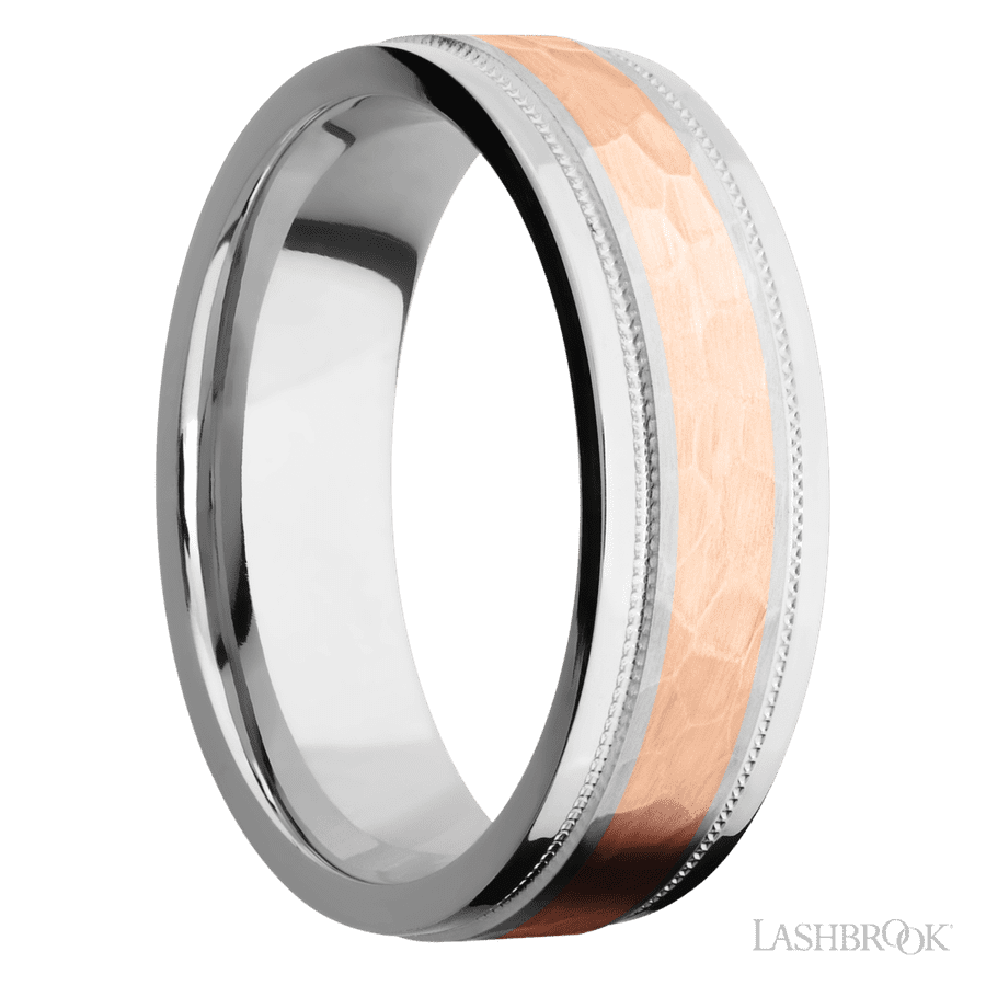 7 mm wide/Flat Stepped Edges Milgrain/Cobalt Chrome band with one 3 mm Centered inlay of 14K Rose Gold