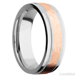 7 mm wide/Flat Stepped Edges Milgrain/Cobalt Chrome band with one 3 mm Centered inlay of 14K Rose Gold