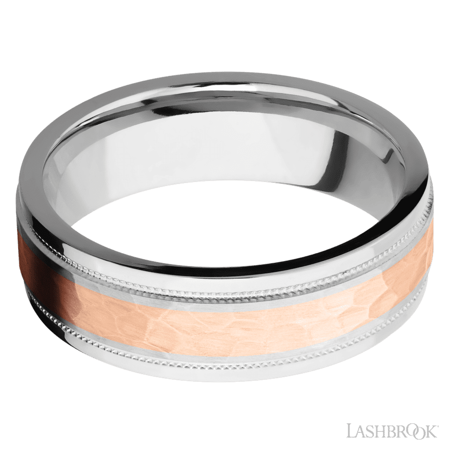 7 mm wide/Flat Stepped Edges Milgrain/Cobalt Chrome band with one 3 mm Centered inlay of 14K Rose Gold