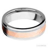 7 mm wide/Flat Stepped Edges Milgrain/Cobalt Chrome band with one 3 mm Centered inlay of 14K Rose Gold