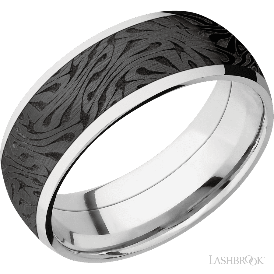 8 mm wide/Domed/Cobalt Chrome band with one 6 mm Centered inlay of Zirconium with a laser carved Escher 1 pattern