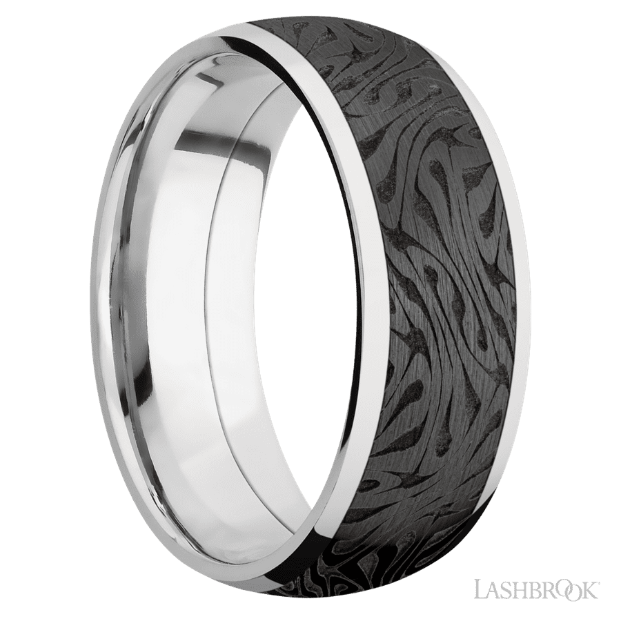 8 mm wide/Domed/Cobalt Chrome band with one 6 mm Centered inlay of Zirconium with a laser carved Escher 1 pattern