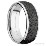 8 mm wide/Domed/Cobalt Chrome band with one 6 mm Centered inlay of Zirconium with a laser carved Escher 1 pattern