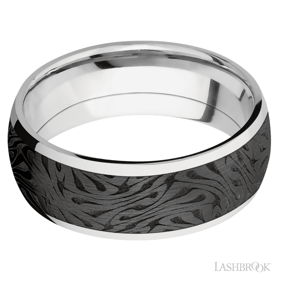 8 mm wide/Domed/Cobalt Chrome band with one 6 mm Centered inlay of Zirconium with a laser carved Escher 1 pattern