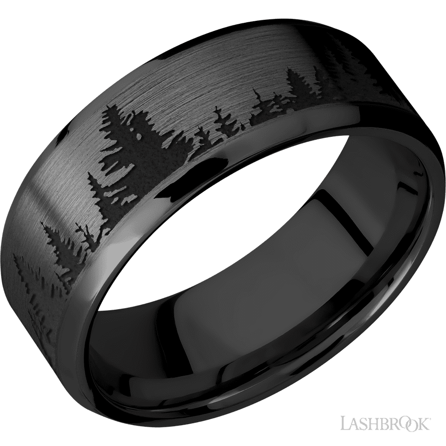 8 mm wide/Beveled/Zirconium band with a laser carved Trees pattern