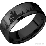 8 mm wide/Beveled/Zirconium band with a laser carved Trees pattern