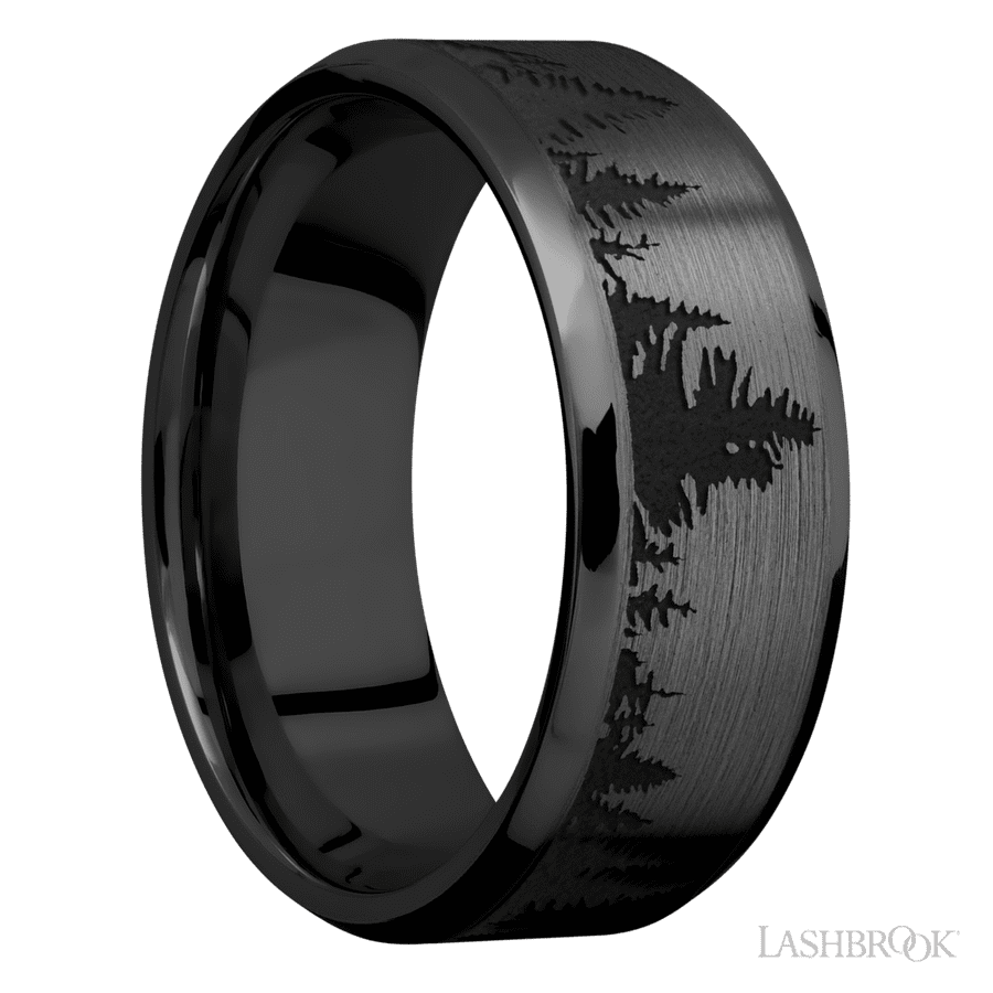 8 mm wide/Beveled/Zirconium band with a laser carved Trees pattern