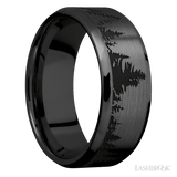 8 mm wide/Beveled/Zirconium band with a laser carved Trees pattern