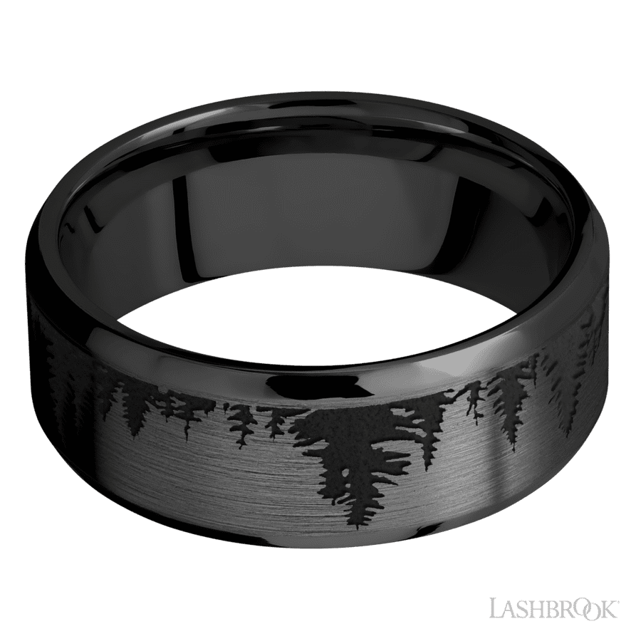 8 mm wide/Beveled/Zirconium band with a laser carved Trees pattern