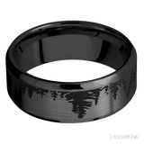 8 mm wide/Beveled/Zirconium band with a laser carved Trees pattern