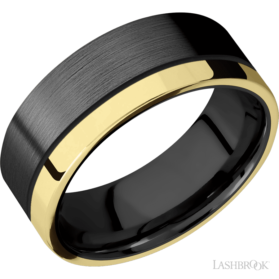 8 mm wide/Flat/Zirconium band with one 2 mm Off Center Edge inlay of 14K Yellow Gold