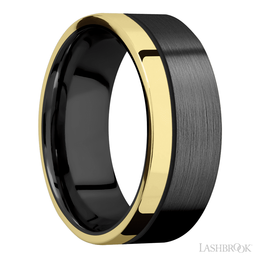 8 mm wide/Flat/Zirconium band with one 2 mm Off Center Edge inlay of 14K Yellow Gold