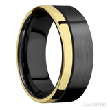 8 mm wide/Flat/Zirconium band with one 2 mm Off Center Edge inlay of 14K Yellow Gold