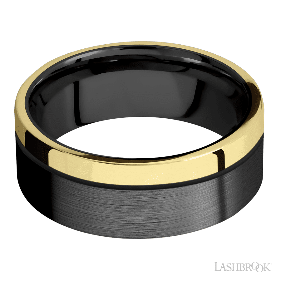 8 mm wide/Flat/Zirconium band with one 2 mm Off Center Edge inlay of 14K Yellow Gold