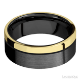8 mm wide/Flat/Zirconium band with one 2 mm Off Center Edge inlay of 14K Yellow Gold