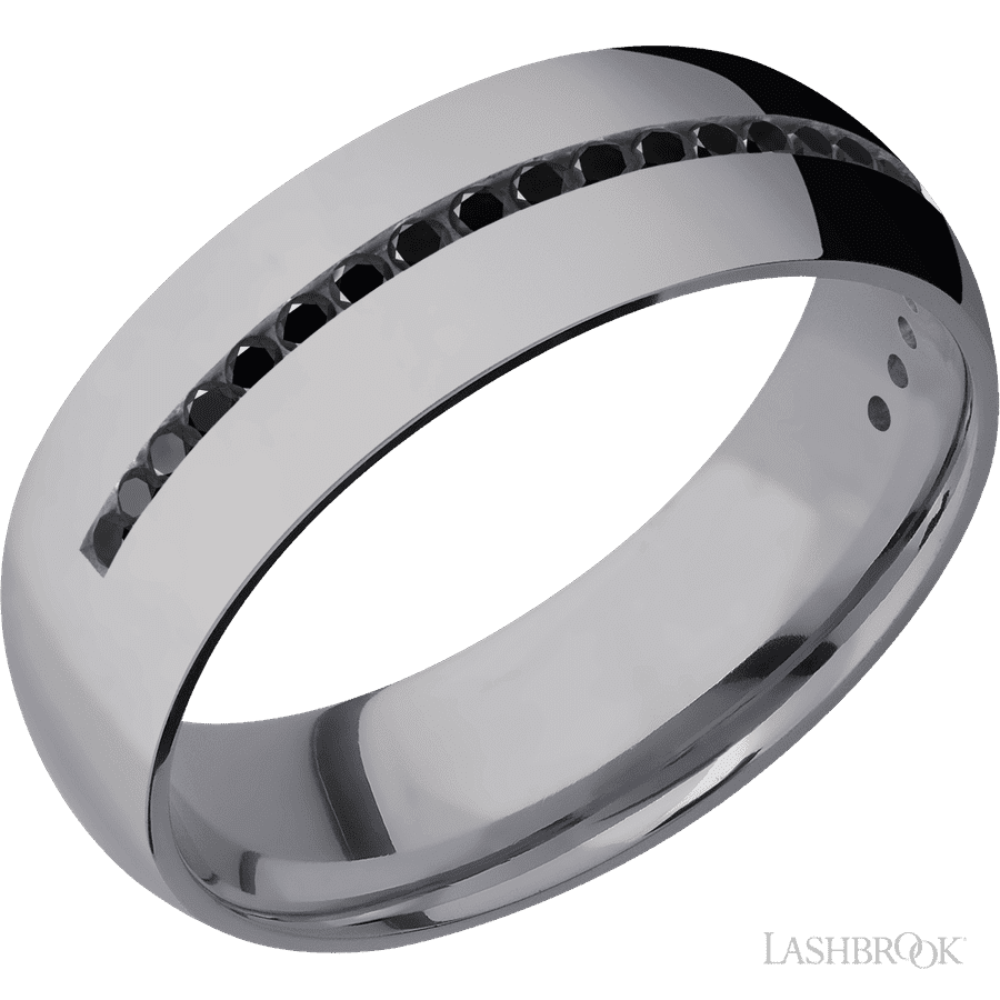7 mm wide/Domed/Tantalum band with a Half Eternity arrangement of 015 carat Round Black Diamond stones in a Channel setting