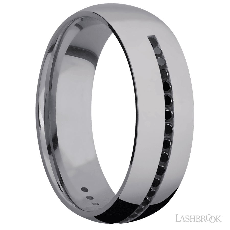 7 mm wide/Domed/Tantalum band with a Half Eternity arrangement of 015 carat Round Black Diamond stones in a Channel setting