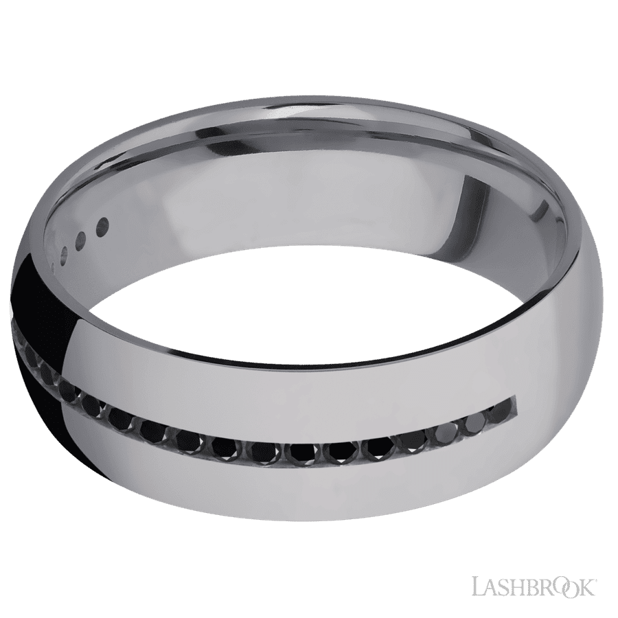 7 mm wide/Domed/Tantalum band with a Half Eternity arrangement of 015 carat Round Black Diamond stones in a Channel setting
