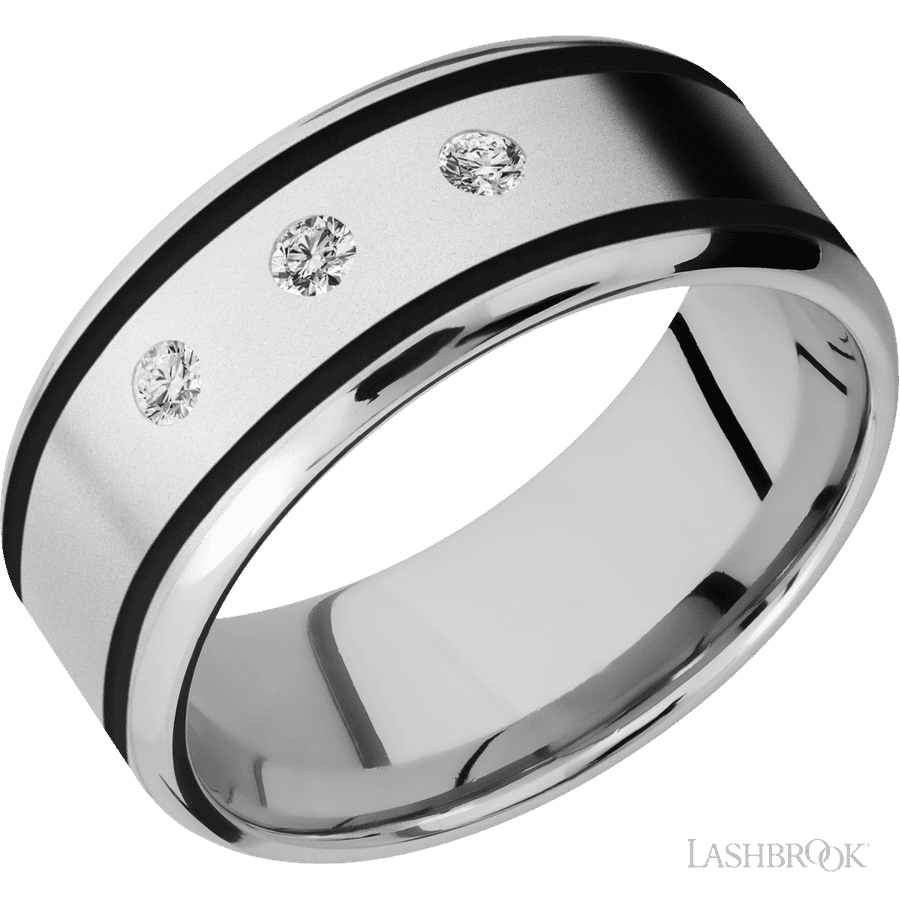 "9 mm wide/Beveled/Cobalt Chrome band with  two 1 mm Wide inlays of Black and featuring an  arrangement of 3, 05 carat Round Diamond stones in a Flush setting"