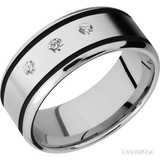 "9 mm wide/Beveled/Cobalt Chrome band with  two 1 mm Wide inlays of Black and featuring an  arrangement of 3, 05 carat Round Diamond stones in a Flush setting"