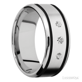 "9 mm wide/Beveled/Cobalt Chrome band with  two 1 mm Wide inlays of Black and featuring an  arrangement of 3, 05 carat Round Diamond stones in a Flush setting"