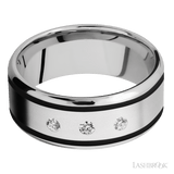 "9 mm wide/Beveled/Cobalt Chrome band with  two 1 mm Wide inlays of Black and featuring an  arrangement of 3, 05 carat Round Diamond stones in a Flush setting"