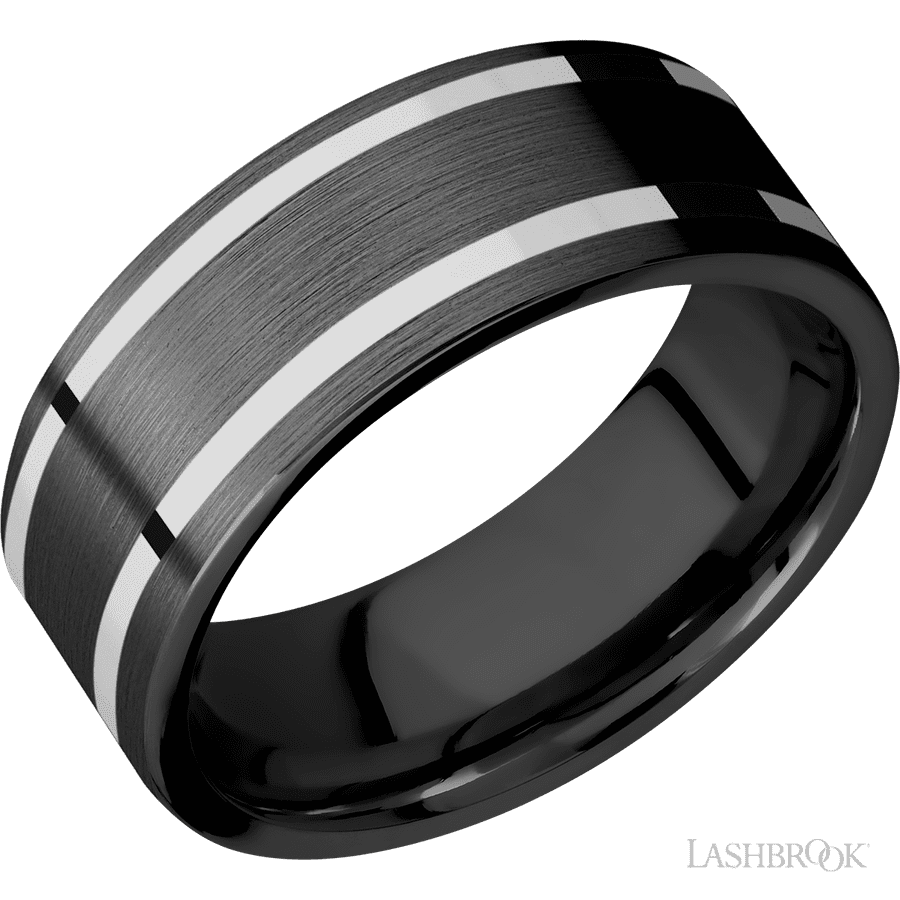 8 mm wide/Flat/Zirconium band with two 1 mm Wide inlays of 14K White Gold
