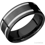 8 mm wide/Flat/Zirconium band with two 1 mm Wide inlays of 14K White Gold