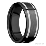 8 mm wide/Flat/Zirconium band with two 1 mm Wide inlays of 14K White Gold