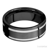 8 mm wide/Flat/Zirconium band with two 1 mm Wide inlays of 14K White Gold