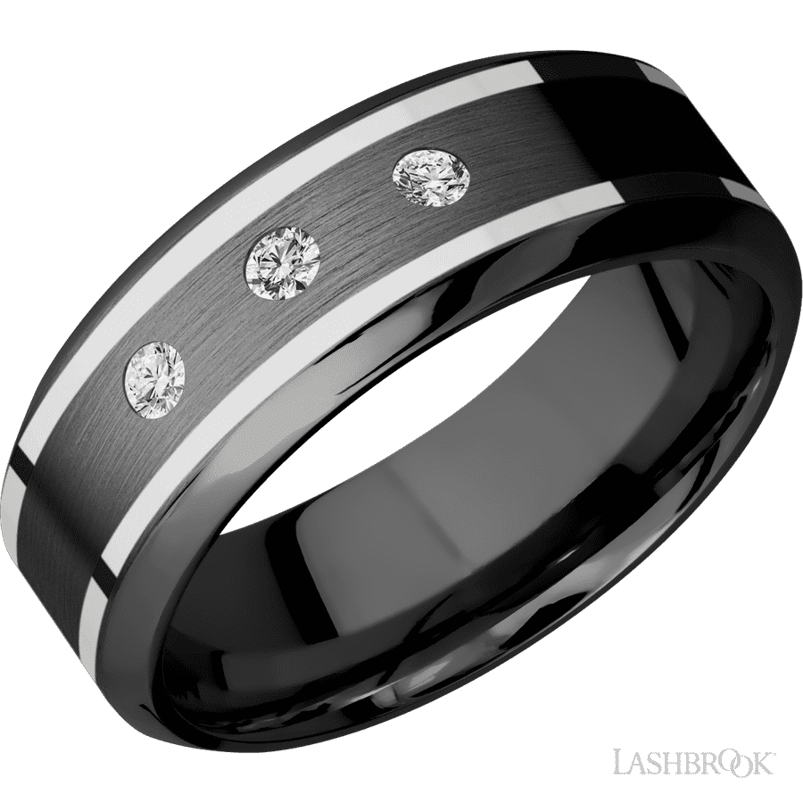 "8 mm wide/High Bevel/Zirconium band with  two 1 mm Wide inlays of 14K White Gold and featuring an  arrangement of 3, 05 carat Round Diamond (ST) stones in a Flush setting"