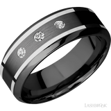 "8 mm wide/High Bevel/Zirconium band with  two 1 mm Wide inlays of 14K White Gold and featuring an  arrangement of 3, 05 carat Round Diamond (ST) stones in a Flush setting"
