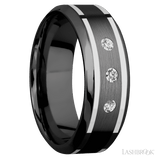"8 mm wide/High Bevel/Zirconium band with  two 1 mm Wide inlays of 14K White Gold and featuring an  arrangement of 3, 05 carat Round Diamond (ST) stones in a Flush setting"
