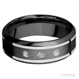 "8 mm wide/High Bevel/Zirconium band with  two 1 mm Wide inlays of 14K White Gold and featuring an  arrangement of 3, 05 carat Round Diamond (ST) stones in a Flush setting"